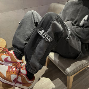 กางเกงยีนส์ทรงทำงานสไตล์อเมริกันสำหรับผู้ชาย กางเกงขายาวลำลองฤดูใบไม้ร่วง ทรงหลวม ไซส์ใหญ่ สไตล์ย้อนยุค สีบล็อก กางเกงขายาวลำลอง