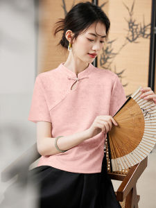 Xinfei New Chinese Style Button Short Sleeve Womens T-shirt Summer Fashion Shoulder Design Cotton Polyester Blend Polo Neck Top