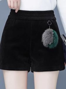 กางเกงขาสั้นผ้ากำมะหยี่หนาเอวสูงทรงเอเข้ารูป กางเกงขายาวทรงหลวมสำหรับใส่ลำลองในฤดูหนาวสำหรับผู้หญิง กางเกงขายาวแบบลำลองสำหรับใส่กับรองเท้าบูท