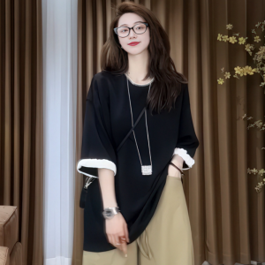 Áo Thun Nữ Tay Ngắn Màu Đen Thời Trang Mùa Hè Cỡ Lớn Ôm Vừa Vặn Cổ Tròn Phong Cách Hàn Quốc Cotton Polyester Viscose Polyester