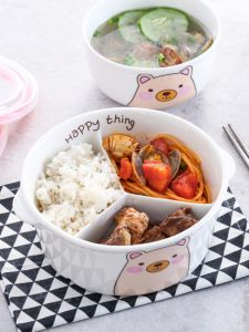 Japanese Style round Ceramic Lunch Box Creative Student Cartoon Preservation Bowl Partitioned Microwave Safe Bento Box