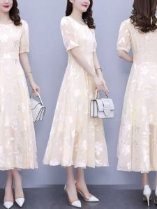 Summer Chiffon Dress Womens Fashion 2024 New Spring Summer Waist-Cinching Elegant Long Simple Versatile Style Commute Print