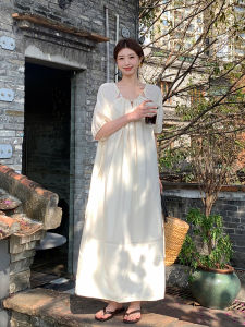 LingLai French Vintage Silk Dress Women Summer New Loose Personality Design Long Skirt Korean Style round Neck Short Sleeve