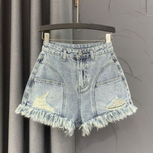 High Waist A-Line Denim Shorts with Hole Design Loose Slimming Frayed Hem Large Size Summer New Style Casual Pants for Women