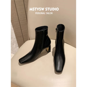 รองเท้าบู๊ตส้นสูงฤดูใบไม้ร่วง/ฤดูหนาวสำหรับผู้หญิง ทรงเรียว ทรงหัวเหลี่ยม ยางยืด ส้นหนา รองเท้าบู๊ตหุ้มข้อเดี่ยว รองเท้าบู๊ตแฟชั่น รองเท้าบู๊ตหุ้มข้อแบบลำลอง