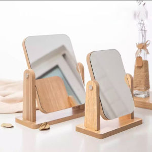 DenDen Wooden Makeup Mirror With Stand Rotate 360 Degree Minimalist Portable Desktop Adjustable Angle Stand Cermin Solek Pusing