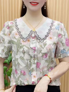 ฤดูร้อน ลายดอก ผ้าชีฟอง เสื้อท่อนบน หลวม เสื้อยืดแขนสั้นพอดีสําหรับคุณแม่ ลำลอง น้ำหนักเบา ชุดทํางานสไตล์วินเทจ