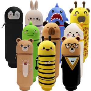 Cute Animal Pencil Case 2-in-1 Pencil Bag with Zipper Pen Holder Soft Silicone Pencil Case Suitable for School Office