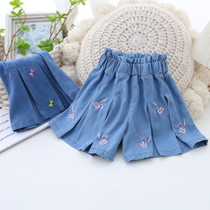 Girls Summer Thin Denim Pleated Skirt Half-length Princess Style Cotton Polyester Blend Fabric Childrens Clothing Accessories
