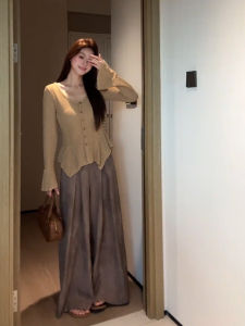 XUECAIQI | French Vintage Bell Sleeve Sweater and Wide Leg Pants Set