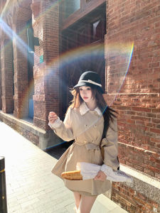 Chiwawameme Lace Trimmed Mid-Length Womens Coat Autumn Winter British Style Polo Collar Miniature Windbreaker Outerwear