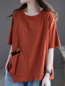 Loose Fit Casual Short Sleeve T-Shirt Womens Pure Cotton Summer New Style Korean Version Slimming Double Pocket Half Sleeve Top