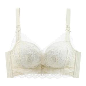 miiow | Wireless Lace Backless Bra Womens Gathered Thickened Anti-Sagging Side Fatigue Reduction Nylon Fabric V-Neck Four Rows Of Hooks