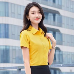 Yellow Short Sleeve Slim Fit Shirt Womens Business Office Korean Style Versatile White Collar Cotton Polyester Blend Summer 2025