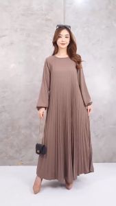 Gamis Plisket Mayung Wanita Polos Oneck Pleats Dress Maxy Premium Lengan Panjang Tangan Kerut