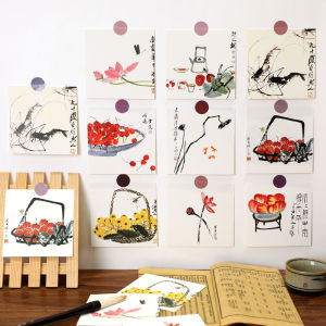 9 Pieces Square Retro Chinese Ink Painting Style Decorative Card Wall Decoration Dormitory Painting with Photo Frame Wall Stickers Free Stickers