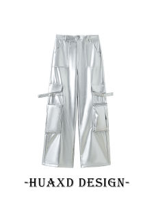Silver Shiny Texture Pocket Work Pants Womens Street Style Cool High Waist Wide Leg Long Trousers Casual Polyester Fiber