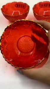 MJ Mangkok Sembahyang Merah / Mangkuk Import Bentuk Cristal List Gold / Bahan Mika Transparan
