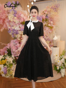 Váy Midi Chữ a Màu Đen Thanh Lịch Mùa Hè 2025 Có Dây Thắt Lưng Và Khăn Choàng Kiểu Pháp Cho Nữ