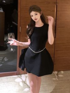 Retro French Style Sweet Lady Dress Bouffant Party Birthday High Waist Slim Fit Short Skirt round Neck No Sleeve Polyester Fiber