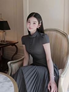 French Elegance Graceful Collared Designed Unique Fitted Long Dress