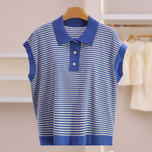 Striped Sleeveless Polo Collar Womens Knitted Vest
