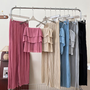 Double Layer Ruffles Spaghetti-Strap Camisole Top + Elastic Waistband Slimming Loose Pants Casual Pants Pleated Pants Two-piece Set Women