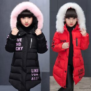 Winter Girls Down Coats Children Fur-Trimmed Hooded Jackets Kids Letter-Printed Thickened Outerwear Teenager Warm Long Overcoat