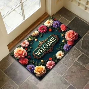 Rustic Garden Welcome Decor Doormat Lush Multi‑Flower Art Printed Non‑Slip Floor Mat for Entryway Porch Indoor Home Decoration