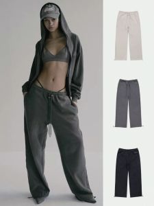 Grey American Sports Pants Womens Autumn Straight Leg Loose Wide Leg Casual Pants Floor-Length Trousers High Waist Cotton Polyester