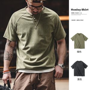 Madden Parka Japanese-Style Retro Distressed Henry Collar Silm Short Sleeve Kaji American Tough Guy Heavy Weight T-shirt Mens Summer