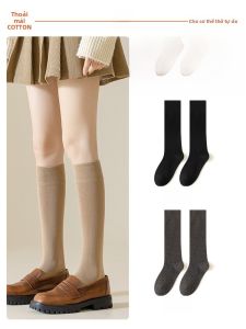 JINGCHI | Tất cotton màu đen dài đến giữa bắp chân cho nữ mùa đông cao đến mắt cá chân Tất co giãn cho nữ Tất JK