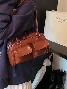 PU Leather Womens Shoulder Bag Autumn Korean Retro Bowling Boston Handbag with Zipper Two Pocket