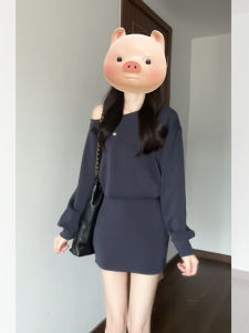 ชุดเดรสสั้นแขนยาวสไตล์เกาหลีสำหรับผู้หญิงในฤดูใบไม้ร่วง ชุดเดรสสั้นทรงเข้ารูปเอวสูง ชุดทำงานลำลอง