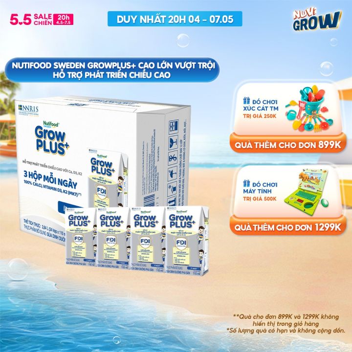 Sữa Bột Pha Sẵn Nutifood Sweden GrowPLUS+ Cao lớn vượt trội - Hỗ trợ phát triển chiều cao hộp Trên 1 tuổi 110 ml (24 hộp x 110ml)