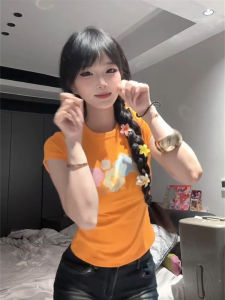 American Style Dopaamine Flower Print Slim Fit Short Sleeve T-Shirt Women Summer Trendy Orange Top Cute Style Cotton Material