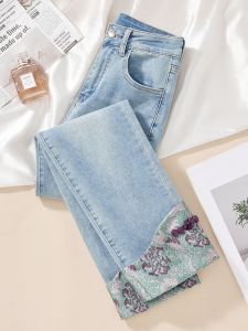 New Chinese Style High Waist Straight Leg Jeans Womens Summer Thin Cotton Polyester Blend Embroidered Slim Fit Denim Pants