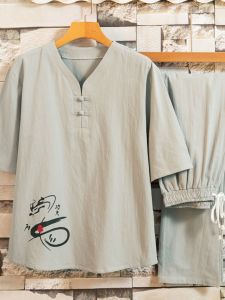 Mens Cotton Linen Sleepwear Short Sleeve Long Pants Summer Home Clothes Set Retro Hanfu Tang Costume V-neck Button Closure
