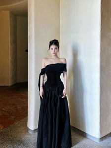 French Elegant Hepburn Style One Shoulder Sash Black Dress Womens Summer Waist Cinching Slimming Long Skirt A-Line Dress