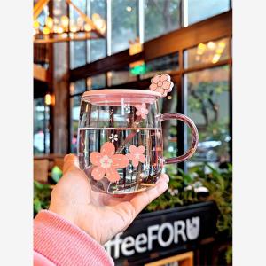 Sakura High Aesthetic Large Capacity Office Glass Cup with Lid Spoon And Scale Milk Breakfast Personal Use Heat Resistant Glass Cup Pink