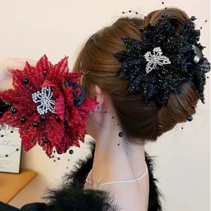 ปิ่นปักผมลูกปัดลายดอกโบตั๋นกิ๊บประดับเลื่อมสง่างามที่หนีบผมปากปลาฉลามลูกปัดไรน์สโตนผ้าตาข่ายกิ๊ฟติดผมขนาดใหญ่สำหรับผู้หญิงดอกไม้ระยิบระยับ