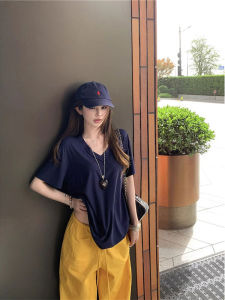 Áo Thun Tay Ngắn Cổ Chữ V Rộng Rãi Phong Cách Hàn Quốc Dành Cho Nữ Mùa Hè Màu Xanh Lam Thanh Lịch Tinh Tế Áo Ngắn Thanh Lịch