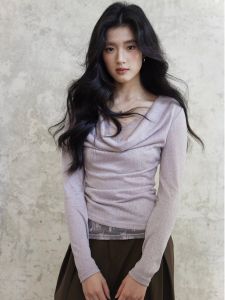 Design Er Yang [Yu Qing] Lace Splicing Knitted Long Sleeve Slim Fit V-Neck Top Purple Color Block Design Commute Style Womens Knittedwear