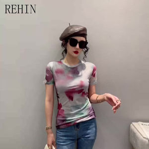 REHIN Womens top New Summer fashion mesh Unique pattern desig green smudge Tie-dye printed short-sleeved T-shirt round-neck Slim S-3XL thin elegant trend blouse