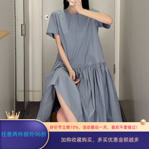 Minimalist Style Cddily Light Grey Blue round Neck Simple Cotton Dress Short Sleeve Womens Fashion Spring New Arrival