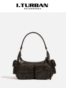 กระเป๋าสะพายไหล่ผู้หญิงสไตล์ย้อนยุคแบบมีซิปหลายช่องสำหรับใส่ของใช้ประจำวันและลำลอง กระเป๋าสะพายไหล่ทรงสี่เหลี่ยมแบนแบบหนังวัวสีพื้น