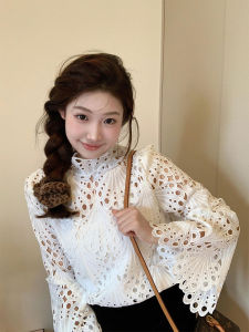 YUFUQING | Elegant French Style White Long Sleeve Hollow Out Shirt Womens Fashionable Loose Versatile Charming Top Polyester Fiber