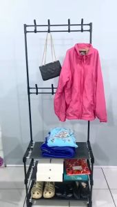 Stand Hanger Rak Gantungan Baju Tas Berdiri Rak Sepatu 3 Susun Jemuran Roda Besi Stainless