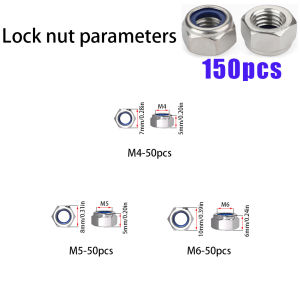 150 Pieces/210 Pieces Stainless Steel Nylon Embedded Anti-Slip and Anti-Loosening Self-Locking Nuts M3 M4 M5 M6 M8