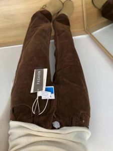 กางเกงขายาวผ้ายืดคอร์ดูรอยสีน้ำตาล กางเกงขายาวทรงตรงลำลองสำหรับผู้หญิง ฤดูใบไม้ร่วง/ฤดูหนาว กางเกงขายาวทรงหลวม กระดุมสูง